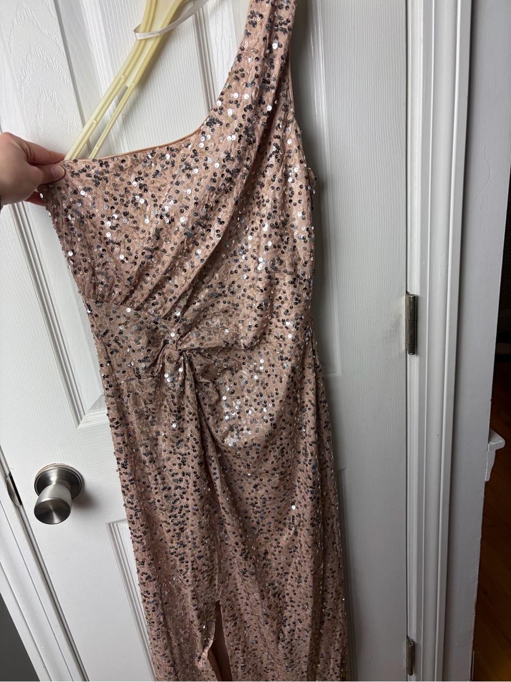 As U Wish One-Shoulder Rose Gold Sequin Gown